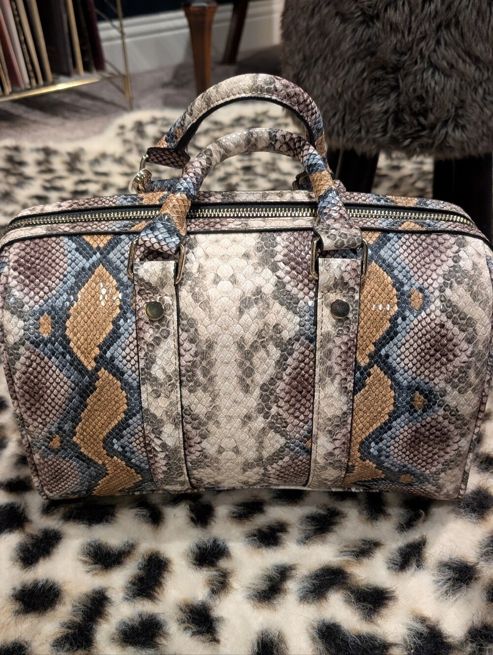 Snake-Print Satchel Bag in Beige & Blue with Tassel - Steve Madden - Picture 3 of 6